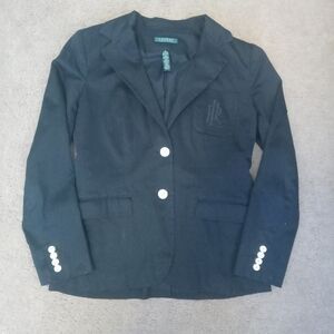 Lauren Ralph Lauren Black Cotton Blazer Jacket With Crest On Pocket Womens Sz 12